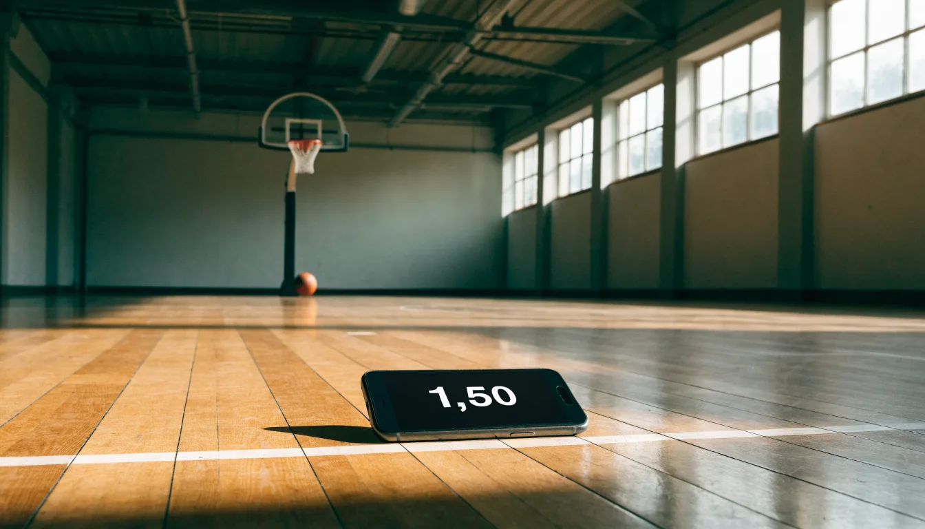 Ein Basketball liegt unter dem Korb in einer leeren Sporthalle, durch hohe Fenster fällt Tageslicht auf das Parkett.