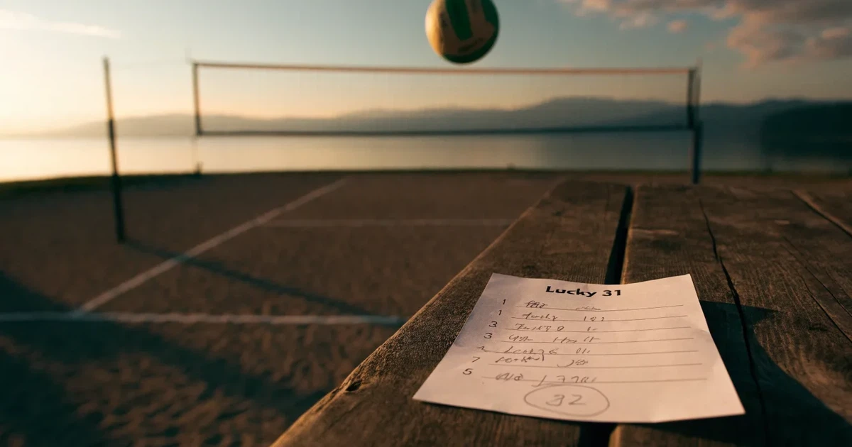 Ein Volleyball liegt am Fuss des Netzes auf Sand, im Hintergrund glitzert ein See und ein Bergzug steht im Dunst.