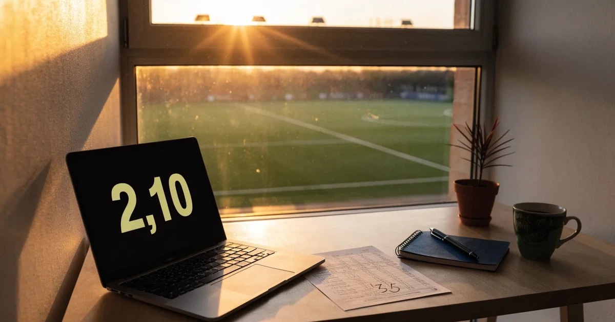 Ein aufgeräumter Schreibtisch mit Pflanze und Tasse in einem Heimbüro, vor dem Fenster liegt ein Fussballplatz im Gegenlicht.