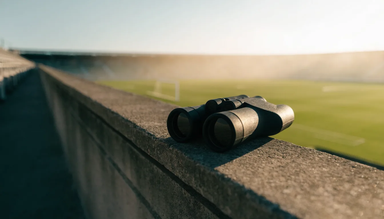 Ein Fernglas liegt auf der Brüstung einer leeren Tribüne, dahinter verschwimmt ein grosser Rasenplatz im Dunst.