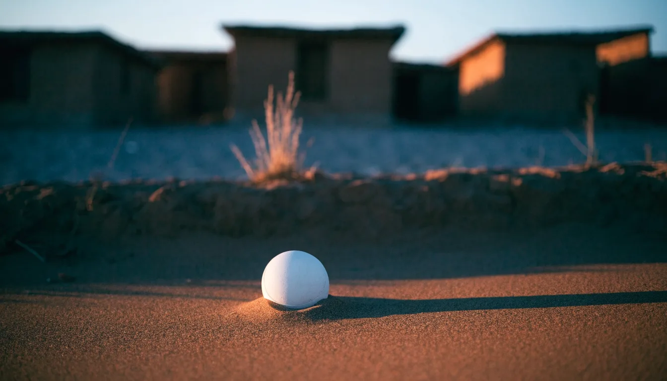 Ein Fussball liegt auf rotbraunem Sand am Rand eines Dorfes, die Abendsonne wirft lange Schatten.