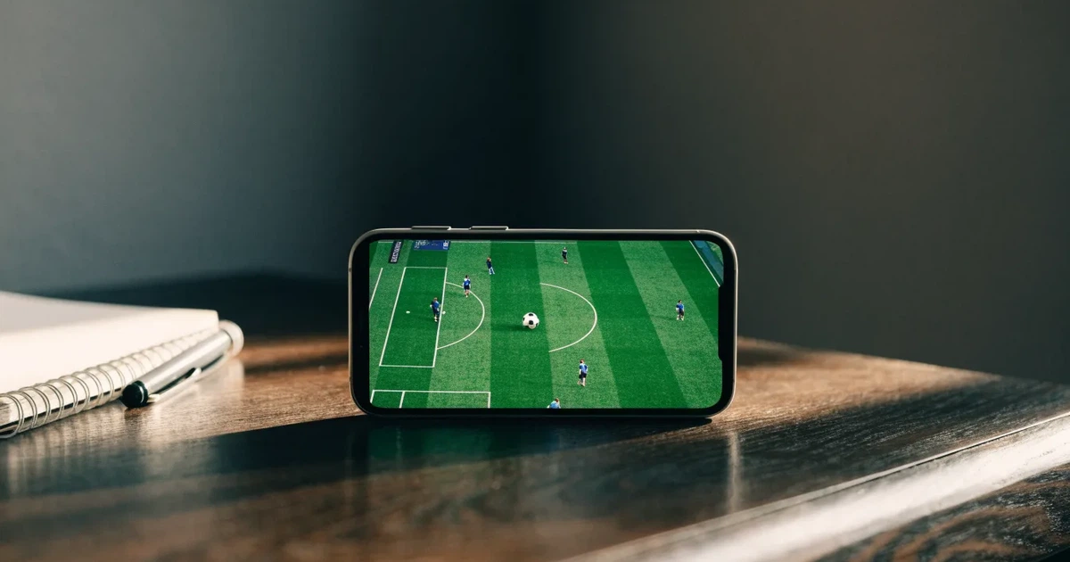 Ein ausgetrockneter Fussballplatz mit Rasenstreifen im warmen Nachmittagslicht, im Hintergrund Palmen und ein flaches Stadiondach.
