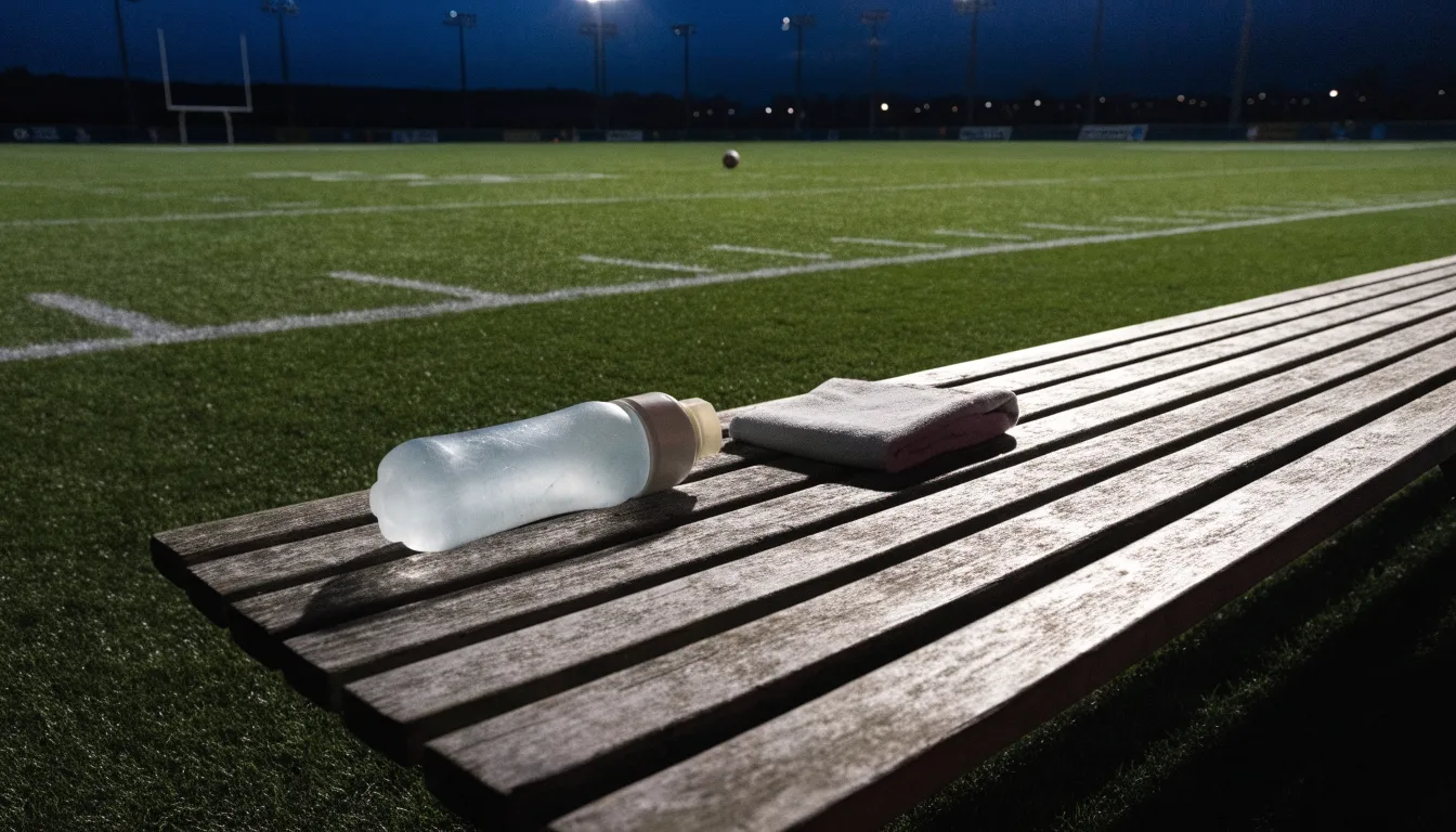 Eine Trinkflasche und ein Handtuch liegen auf einer Holzbank am leeren Spielfeldrand unter dem Licht der Flutlichter.
