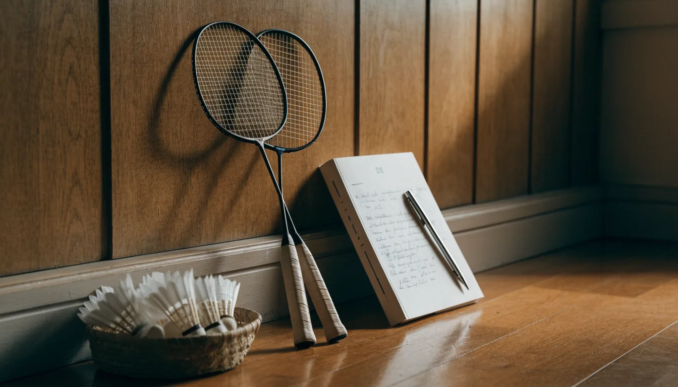 Zwei Badmintonschläger lehnen gekreuzt an einer Hallenwand aus Holz, daneben steht ein Korb mit Federbällen.