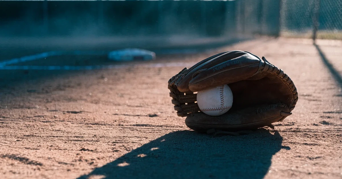 Ein Lederhandschuh und ein Ball liegen auf dem Sandboden eines leeren Spielfelds, die tiefstehende Sonne wirft lange Schatten.