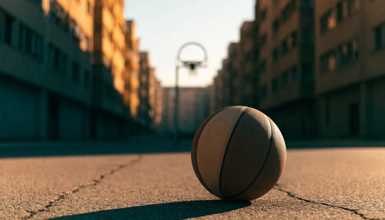 Ein Basketball liegt auf einem Asphaltplatz in einem Hinterhof zwischen Wohnblöcken, das Abendlicht färbt die Wände warm.