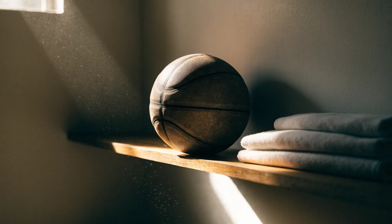 Ein abgenutzter Lederball liegt auf einem Holzregal in einem Vereinsraum, ein Sonnenstrahl macht den Staub sichtbar.