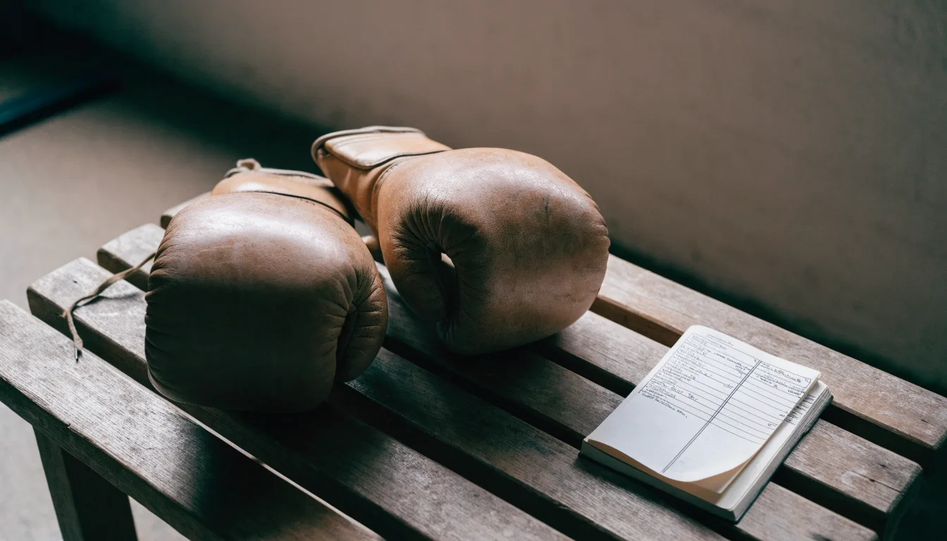 Ein Paar Boxhandschuhe aus Leder liegt auf einer Holzbank neben einem Notizbuch mit handgeschriebenen Zeilen, warmes Fensterlicht