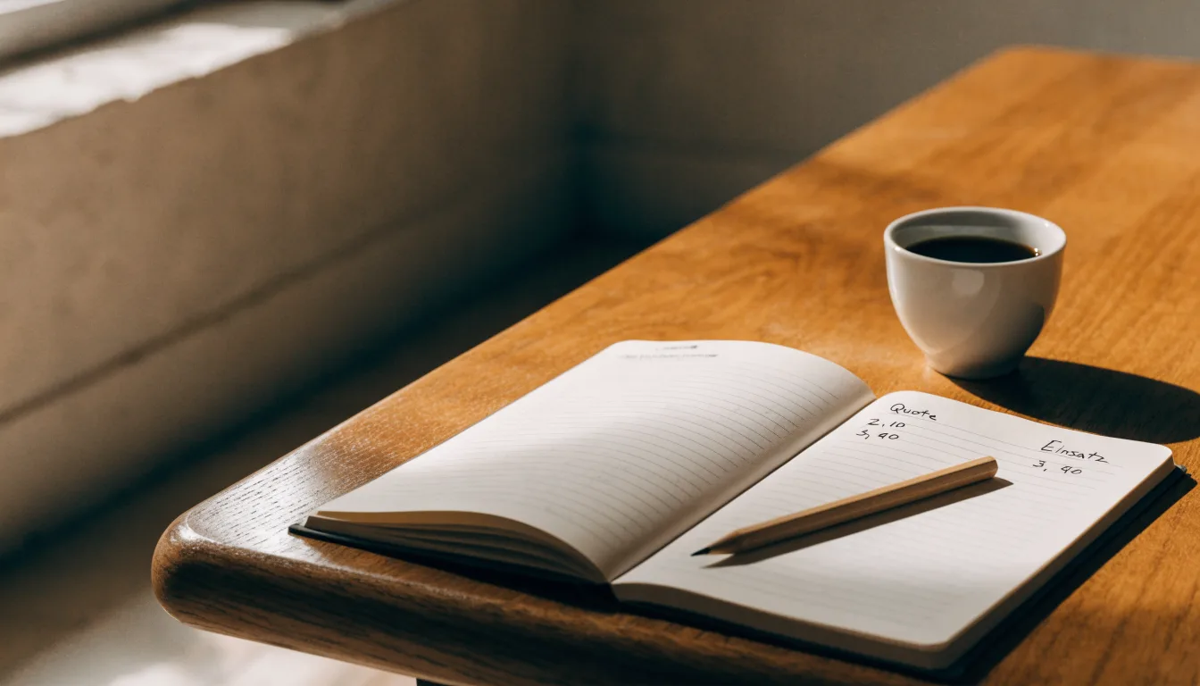 Ein aufgeschlagenes Notizbuch mit handgeschriebenen Spalten und ein Bleistift neben einer Tasse Kaffee auf einem Holztisch am Morgen