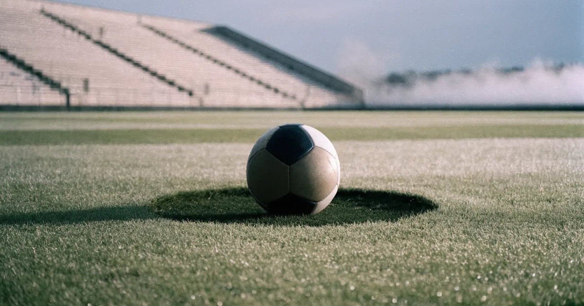 Ein Fussball liegt auf dem Anstosspunkt eines frisch gemähten Rasens, dahinter eine grosse Tribüne unter bewölktem Himmel