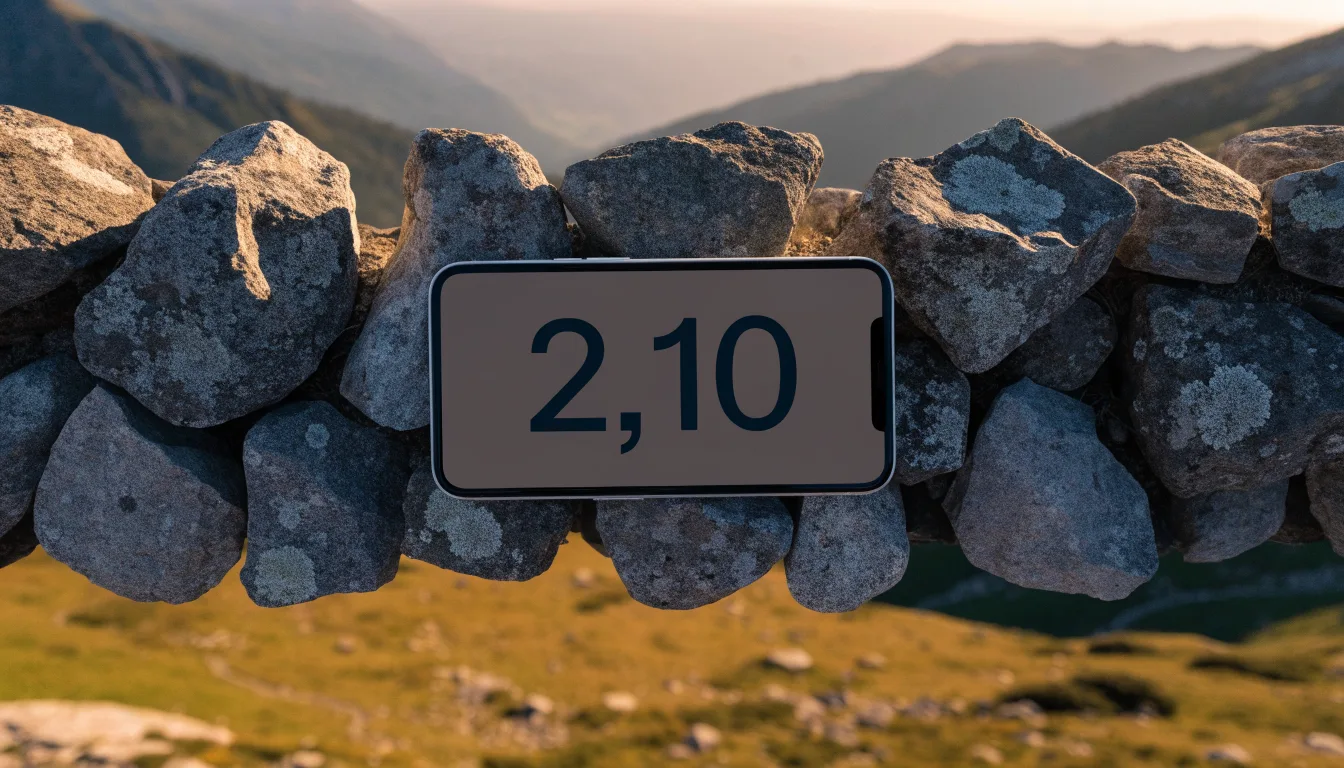 Ein Smartphone mit dunklem Display liegt auf einer Steinmauer, dahinter ein Alpental im Abendlicht