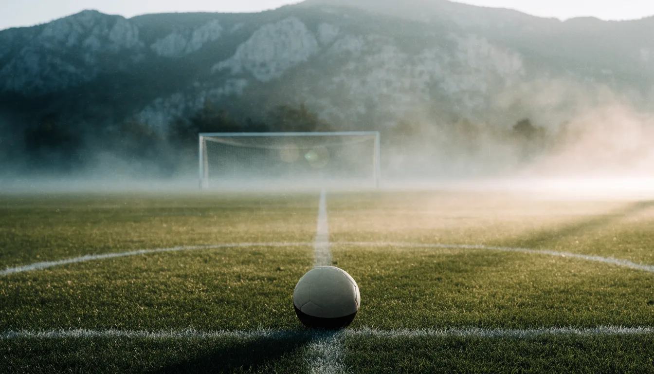 Ein einzelner Fussball auf dem Mittelpunkt eines leeren Rasens im Morgennebel, hinter dem Tor ragen Berge auf