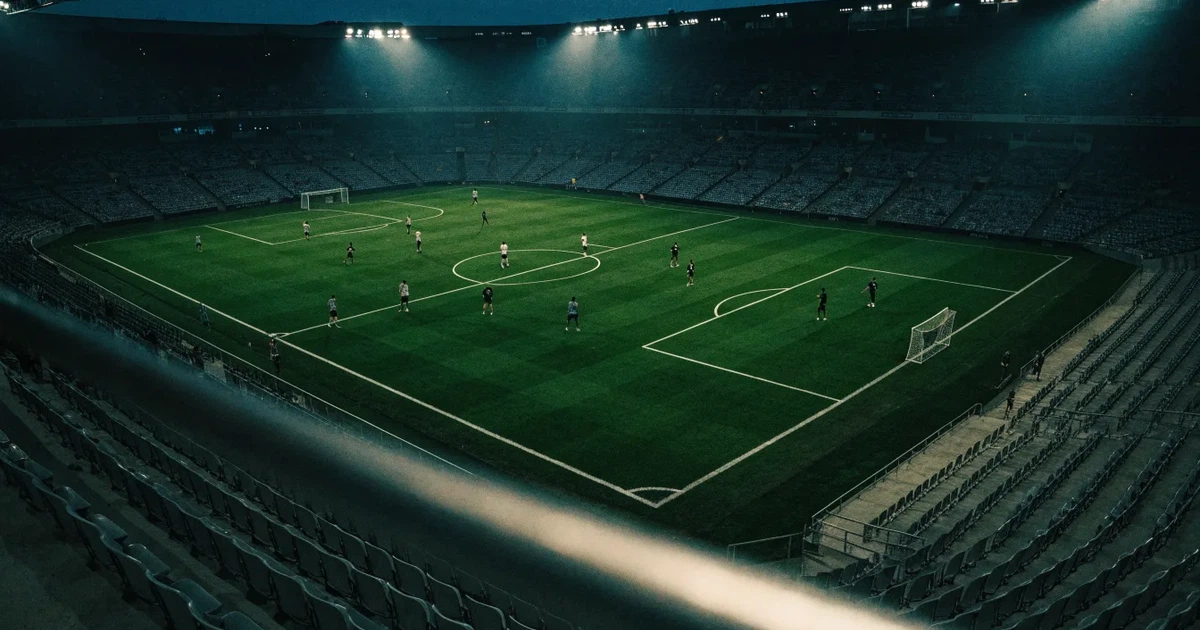 Ein Fussballstadion bei Flutlicht von einer Anhöhe aus gesehen, der Rasen leuchtet grün unter dunklem Abendhimmel