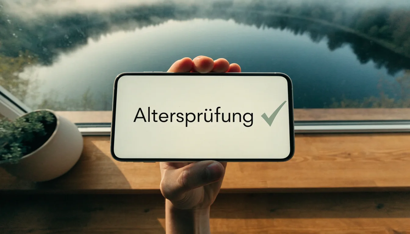 Eine Topfpflanze auf einem Fensterbrett mit weitem Blick über einen stillen See am Morgen