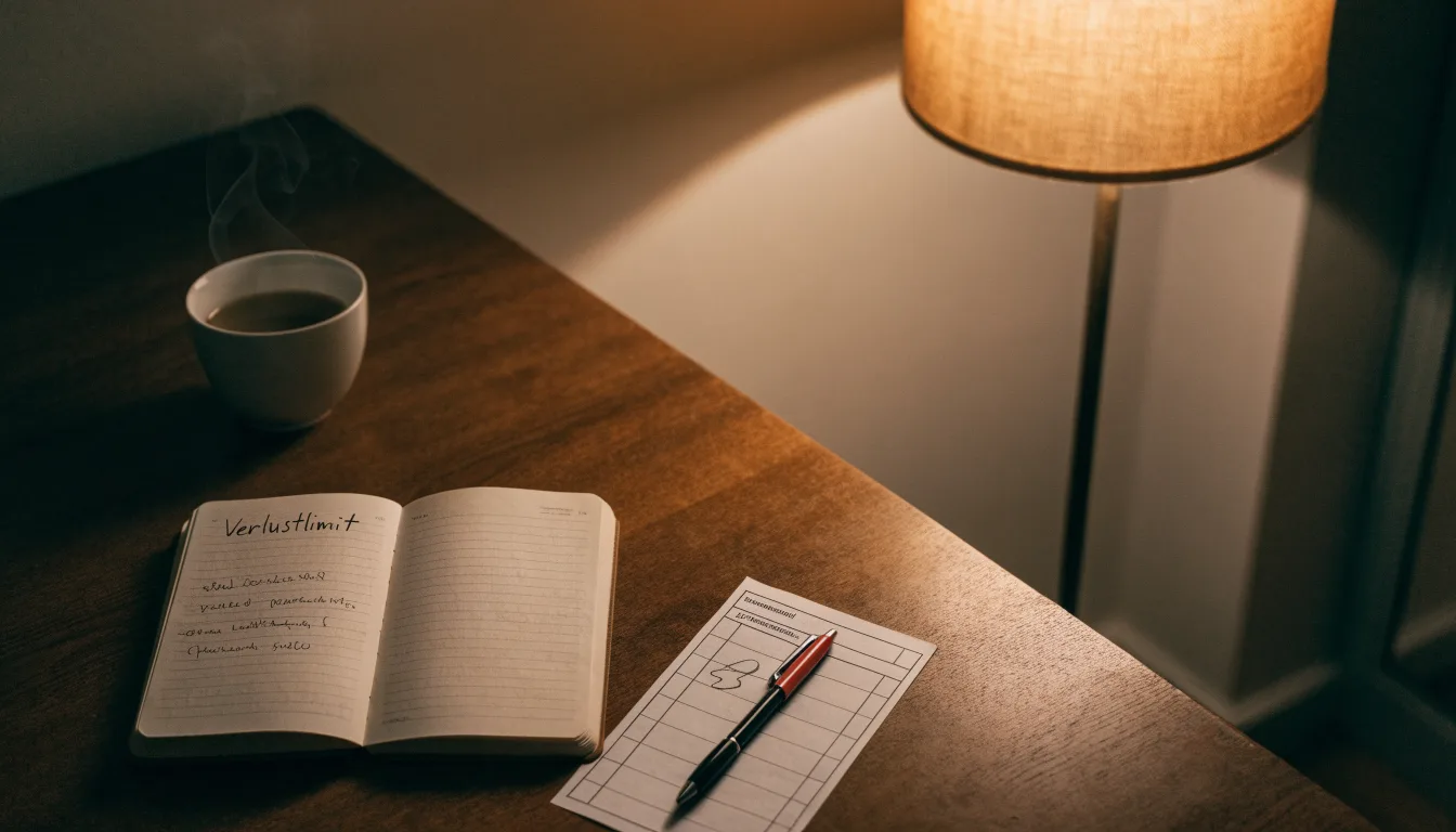 Ein Notizbuch mit handschriftlichen Einträgen und eine Tasse Tee stehen auf einem Tisch neben einer Stehlampe