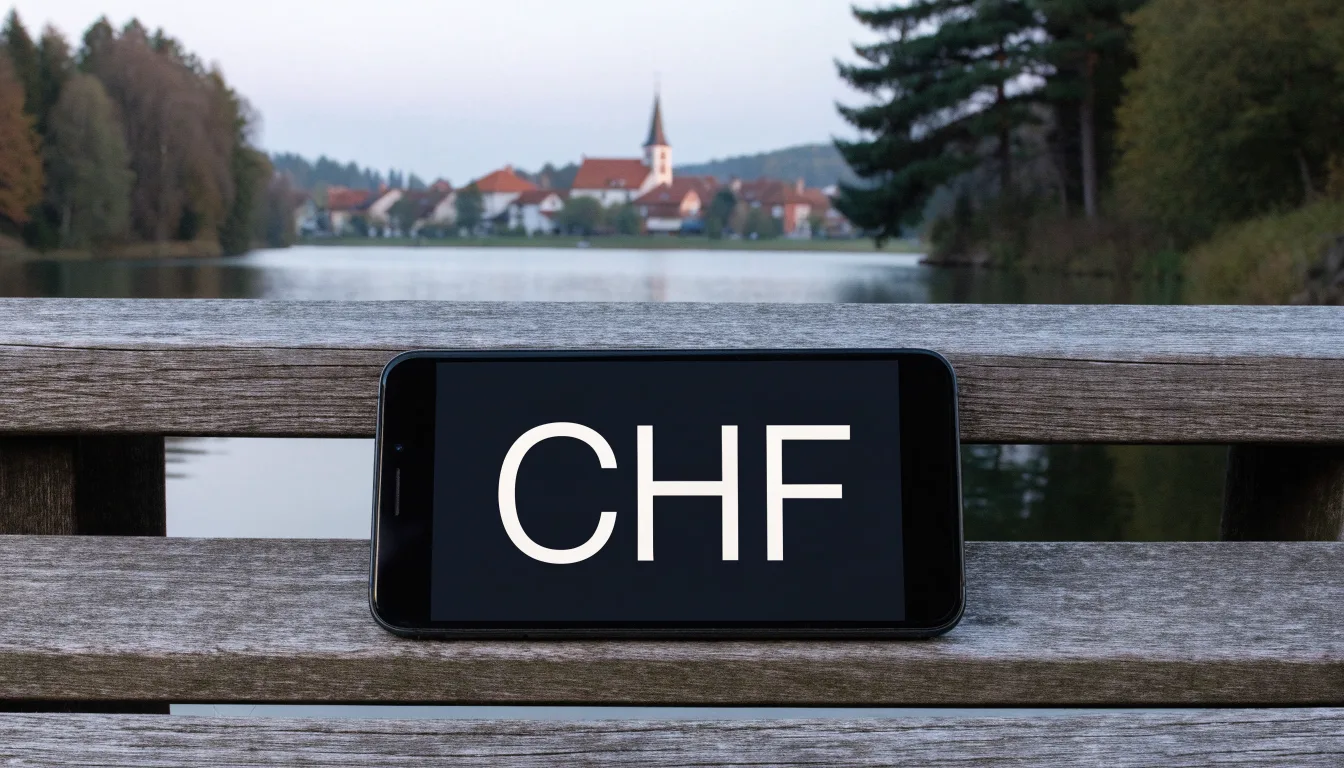 Ein Smartphone mit dunklem Display liegt auf einer Parkbank, dahinter ein Schweizer Dorf mit Kirchturm im Dunst