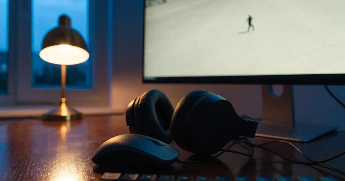 Ein Headset und eine Computermaus liegen auf einem Holzschreibtisch neben einer Tischlampe, draussen ist es Abend