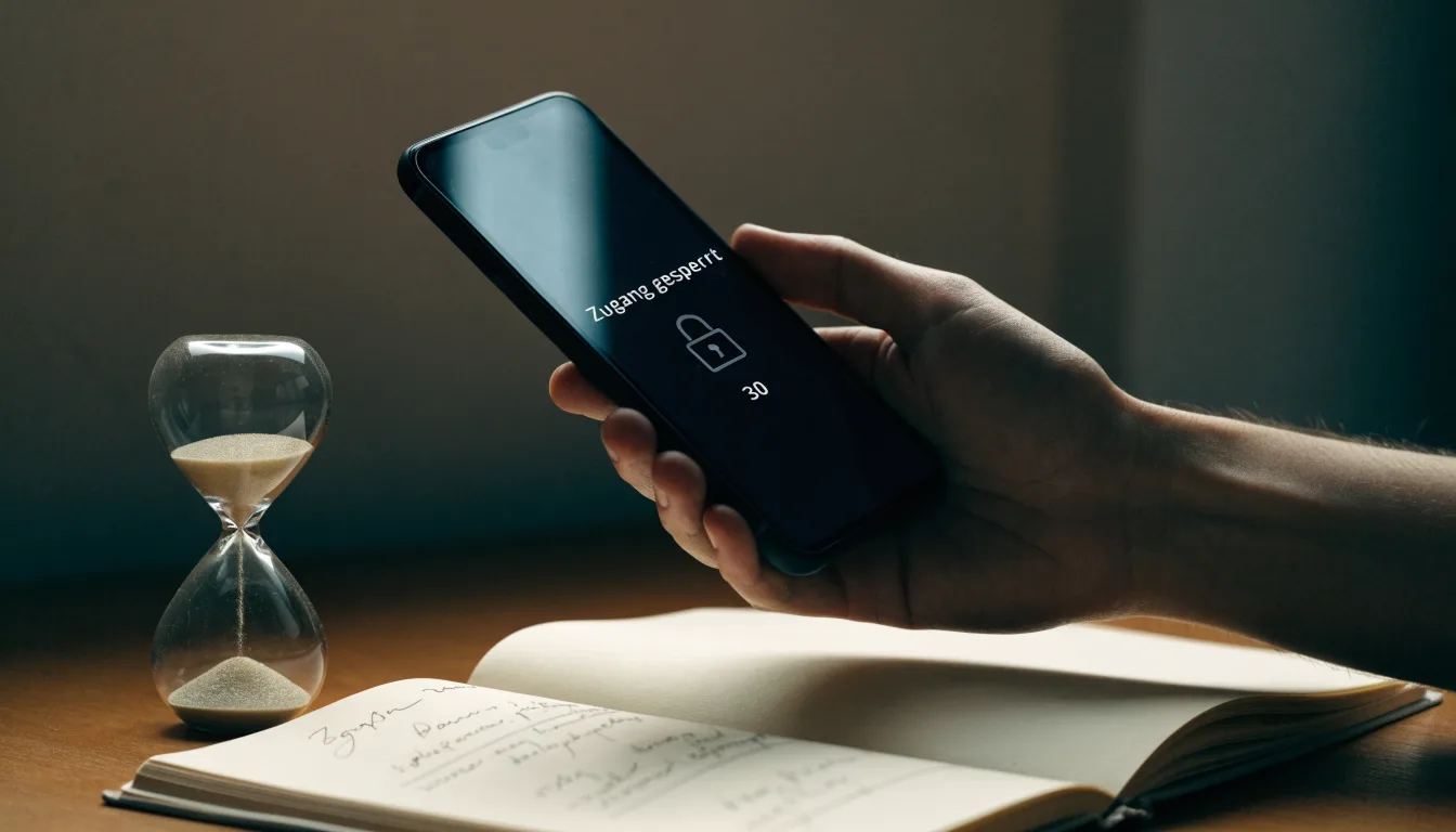 Eine Sanduhr steht auf einem Schreibtisch neben einem Notizbuch mit handschriftlichen Einträgen im Licht einer Lampe