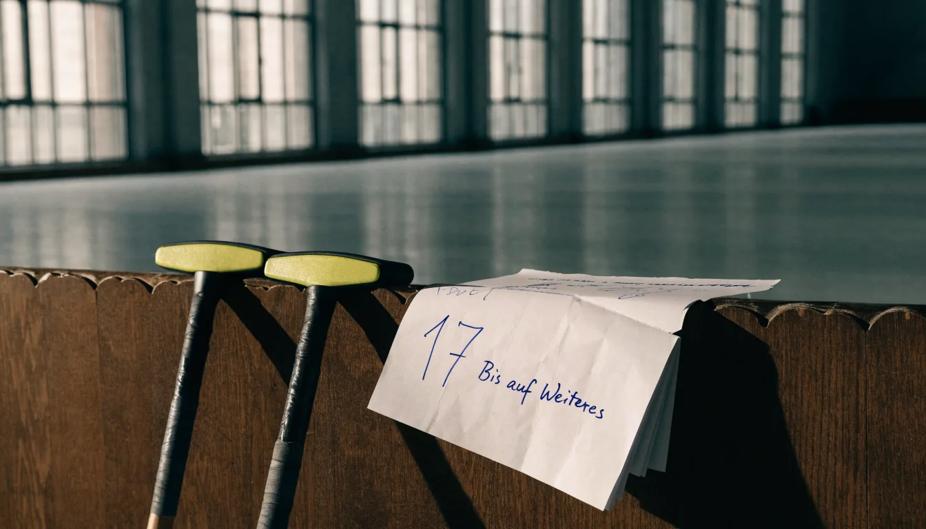 Zwei Curlingbesen lehnen an einer Bande am Rand einer leeren Eisfläche, kaltes Licht fällt durch hohe Fenster