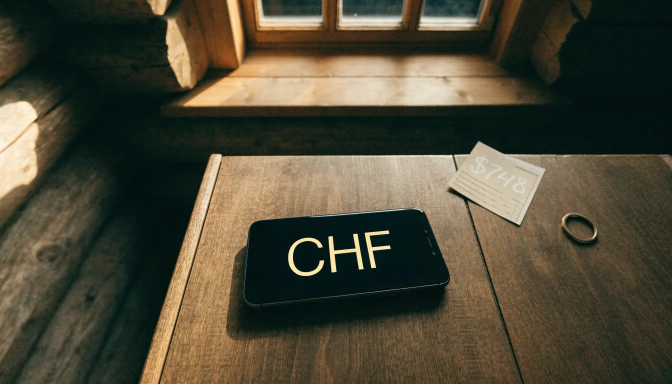 Eine Holzbank steht vor einem Chalet im Abendlicht, ein Schlüsselbund liegt darauf