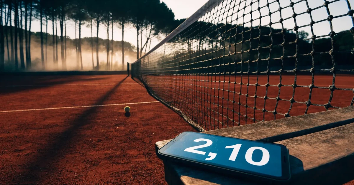 Ein Tennisplatz aus Sand bei Sonnenaufgang mit gespanntem Netz, Nebel zwischen den Bäumen am Rand