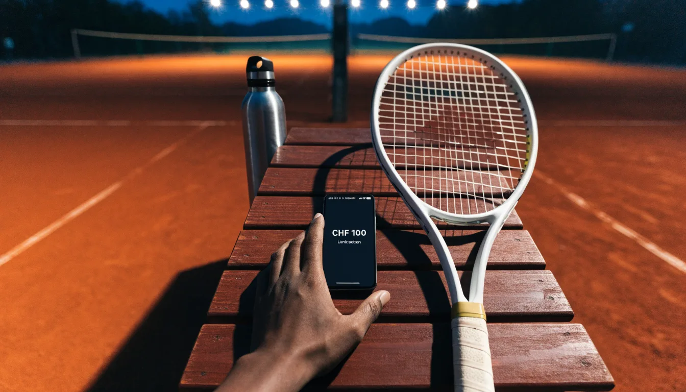 Ein Tennisschläger lehnt an einer Bank neben einer Wasserflasche, am Abend ruht der Platz im Flutlicht, aus der Ferne gesehen