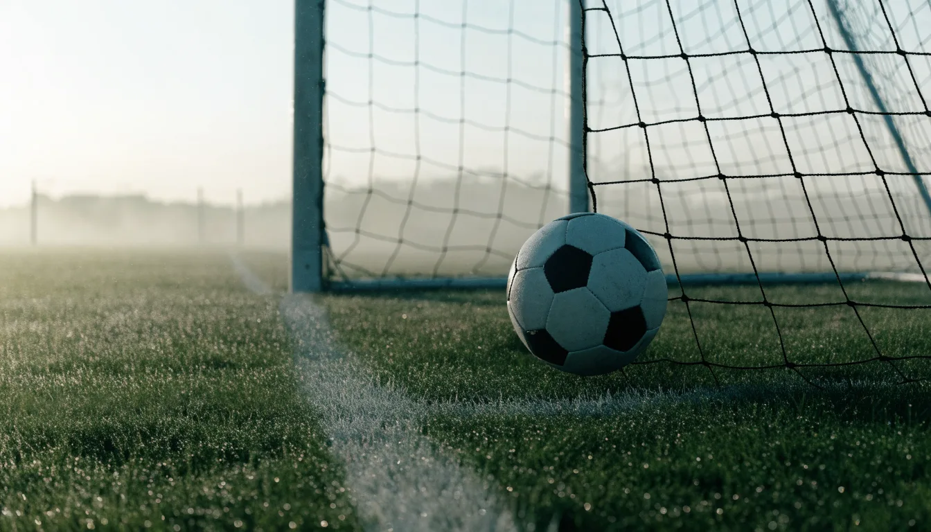 Ein Fussball liegt im Netz hinter einem Tor, weicher Morgennebel hängt über dem Rasen