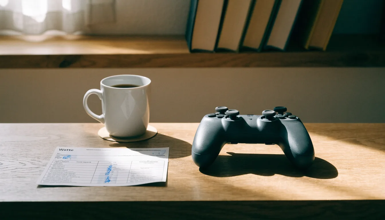 Ein Spielcontroller liegt auf einem Teppich neben einer Tasse, im Hintergrund ein Regal mit Büchern