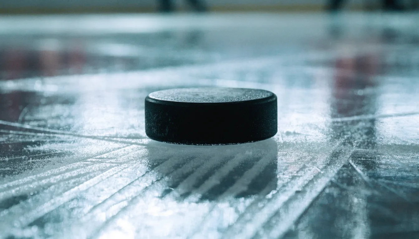 Ein Eishockeypuck liegt auf einer Eisfläche mit Kratzspuren, Nahaufnahme mit kühlen Reflexen