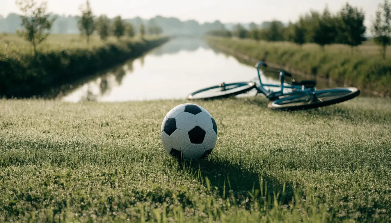 Ein Fussball liegt auf einer Wiese neben einem Fahrrad, im Hintergrund ein Kanal im Morgenlicht