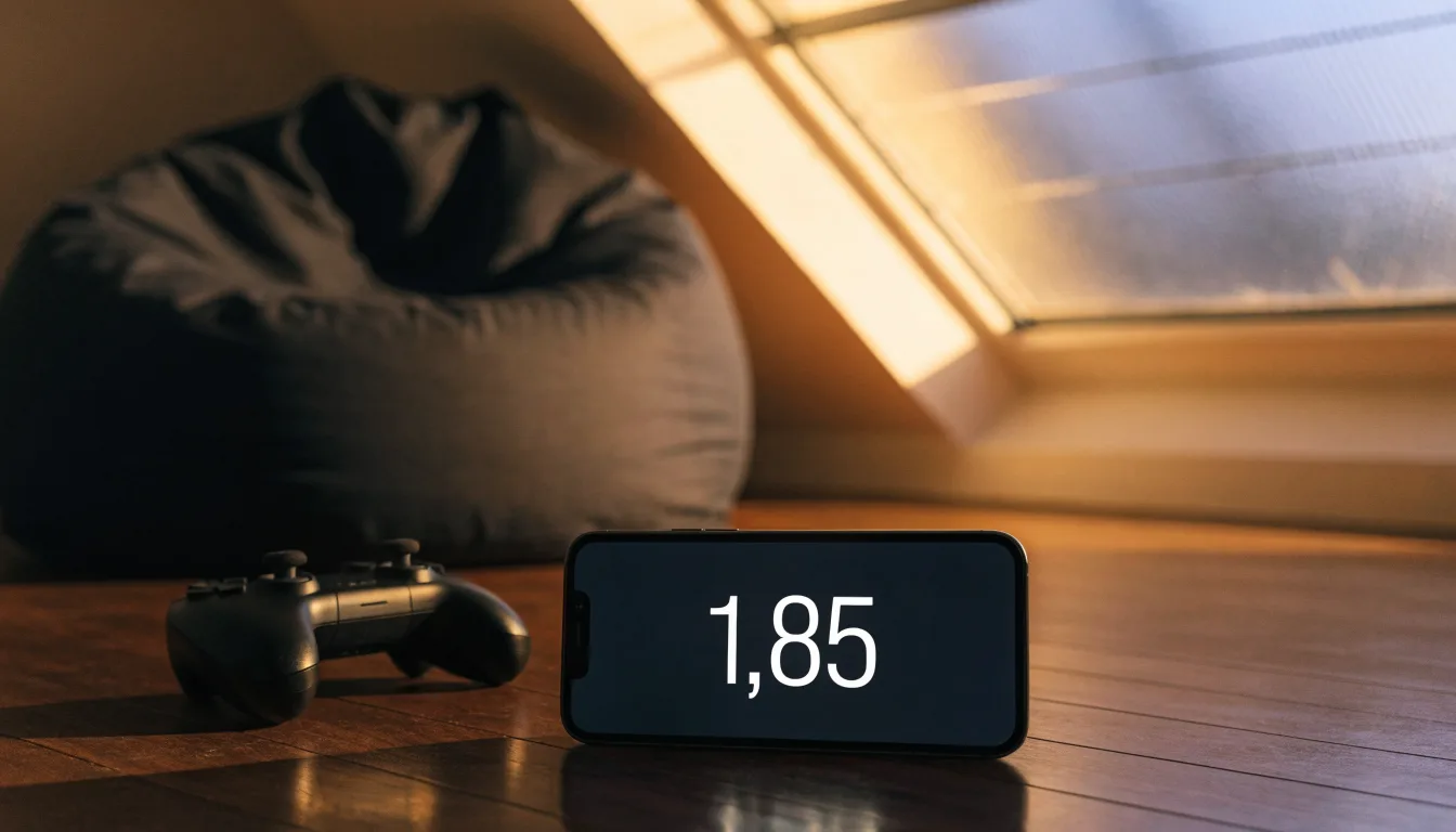 Ein leerer Sitzsack steht in einem Zimmer mit Dachfenster, Abendlicht fällt auf den Holzboden