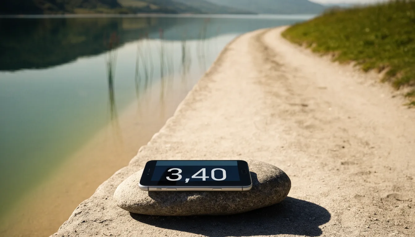 Ein schmaler Wanderweg führt am Seeufer entlang, auf einem Stein liegt ein Smartphone mit dunklem Display