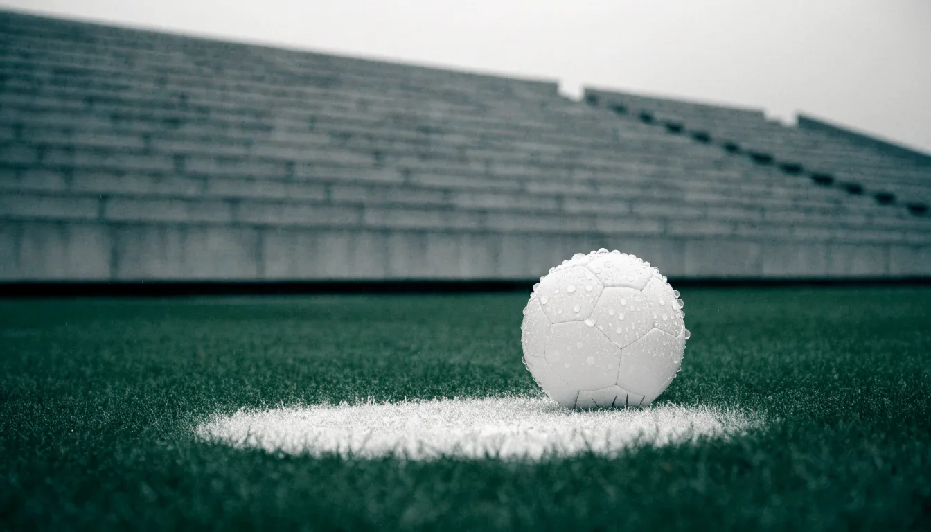 Ein Fussball liegt auf dem Anstosspunkt eines nassen Rasens, dahinter eine leere Tribüne unter grauem Himmel.