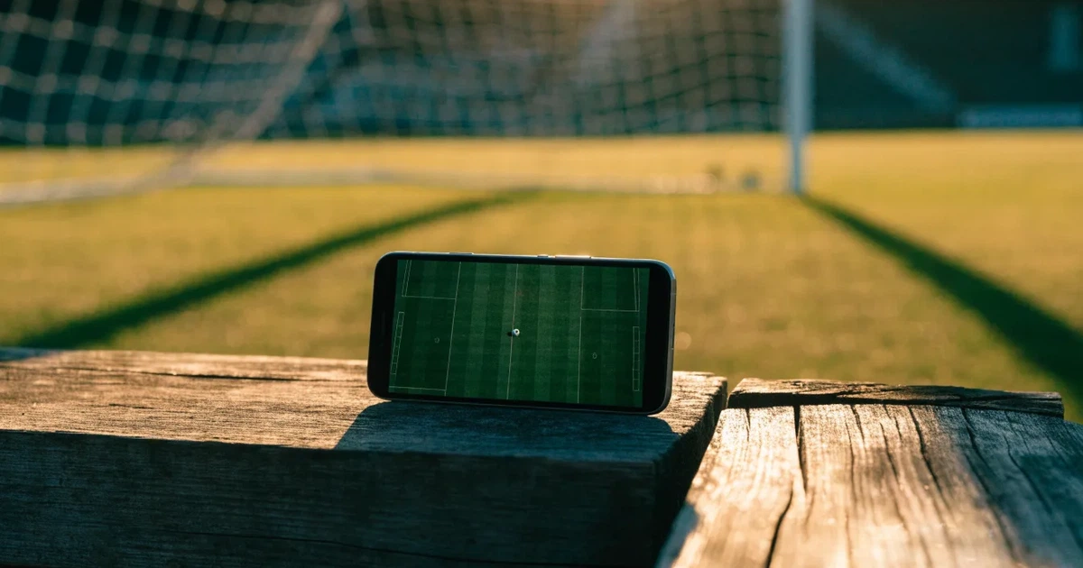 Ein Fussballtor mit weissem Netz steht auf frisch gemähtem Rasen, die hellen und dunklen Streifen im Gras leuchten im Gegenlicht.