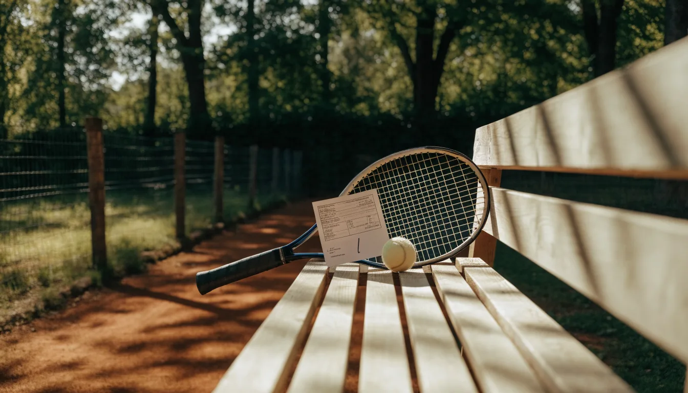 Ein Tennisball und ein Schläger ruhen auf einer Holzbank am Spielfeldrand, im Hintergrund hohe Bäume im Sommerlicht.