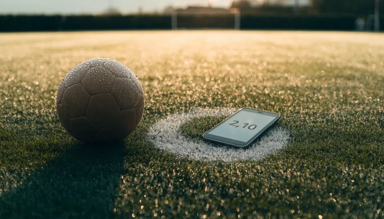 Ein Fussball liegt im Tau auf der Mittellinie eines Dorfplatzes bei Sonnenaufgang, der Rasen glitzert.