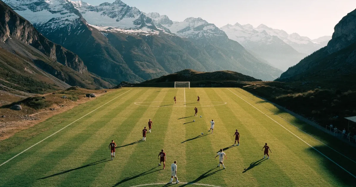 Ein Fussballplatz aus der Vogelperspektive mit sauberen Linien auf dichtem Rasen, in der Ferne verschneite Berge.