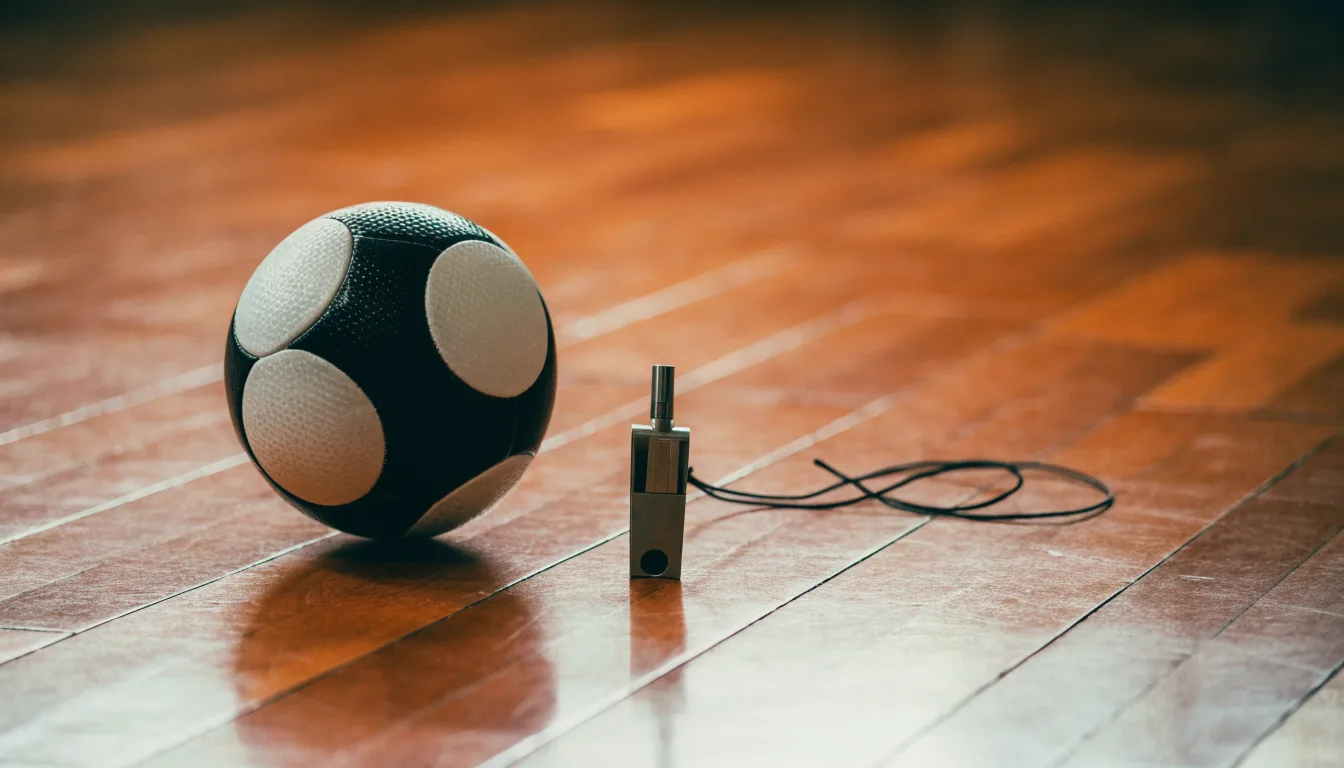 Ein kleiner, schwerer Ball liegt auf glattem Hallenparkett neben einer Trillerpfeife an einer Schnur.