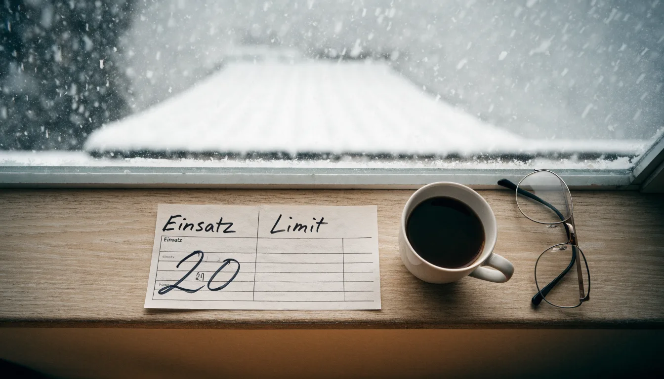 Eine Kaffeetasse und eine Brille stehen auf einem Fensterbrett, draussen fällt Schnee auf ein Dach.