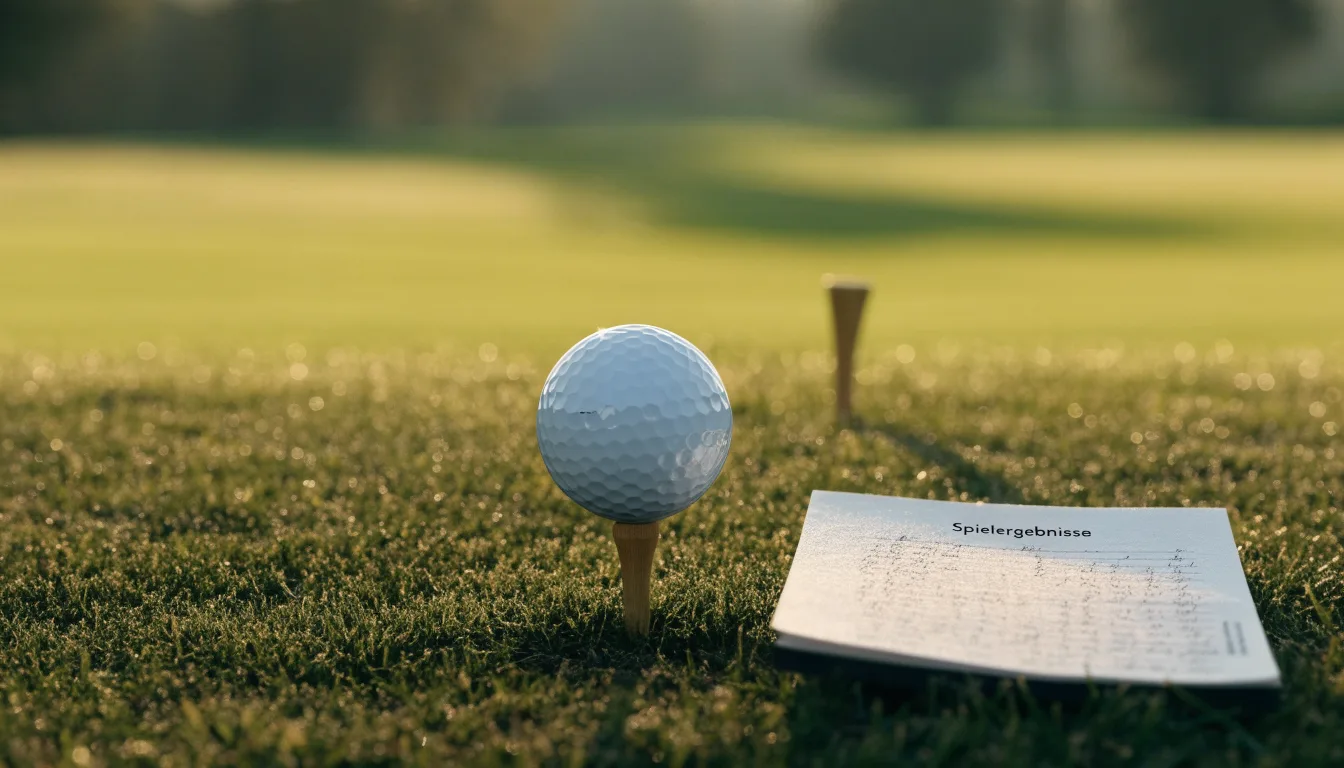 Ein Golfball liegt auf einem Holztee im Gras, scharf im Vordergrund, dahinter verschwimmt eine weite Wiese.