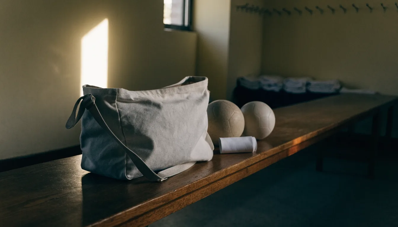 Eine Stofftasche mit Klebeband und zwei Handbällen steht auf einer Bank in einer Umkleide, Licht fällt durch ein kleines Fenster.