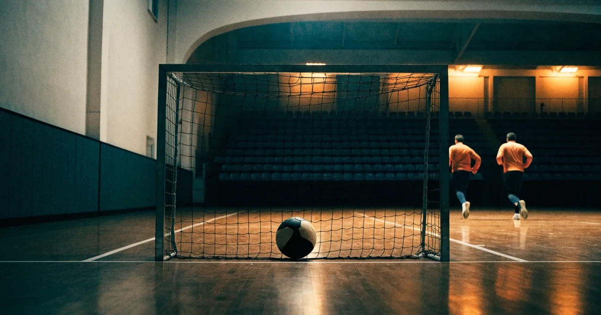 Ein Tor mit dicht gespanntem Netz steht in einer grossen Halle, davor liegt ein Handball auf der Torraumlinie.