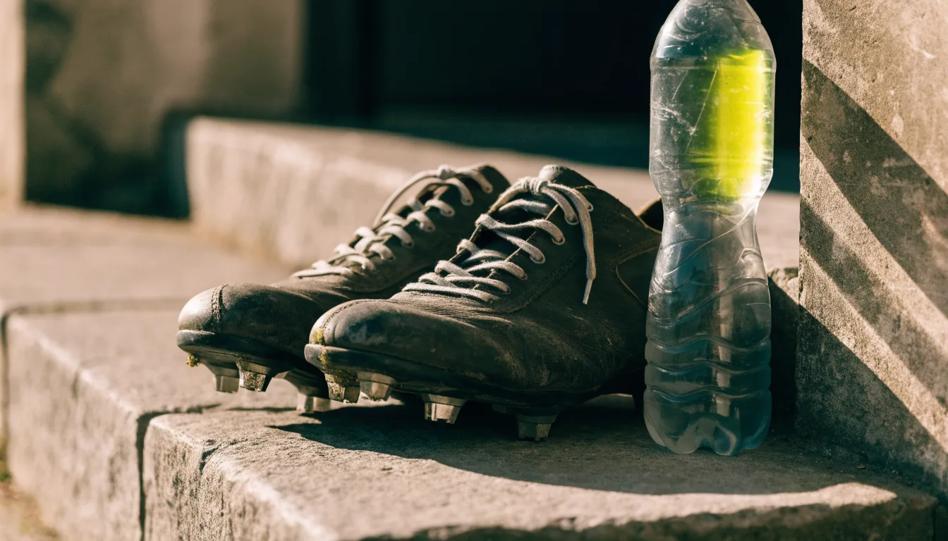 Ein Paar abgetragene Fussballschuhe steht neben einer Wasserflasche auf einer Treppenstufe im Sonnenlicht.
