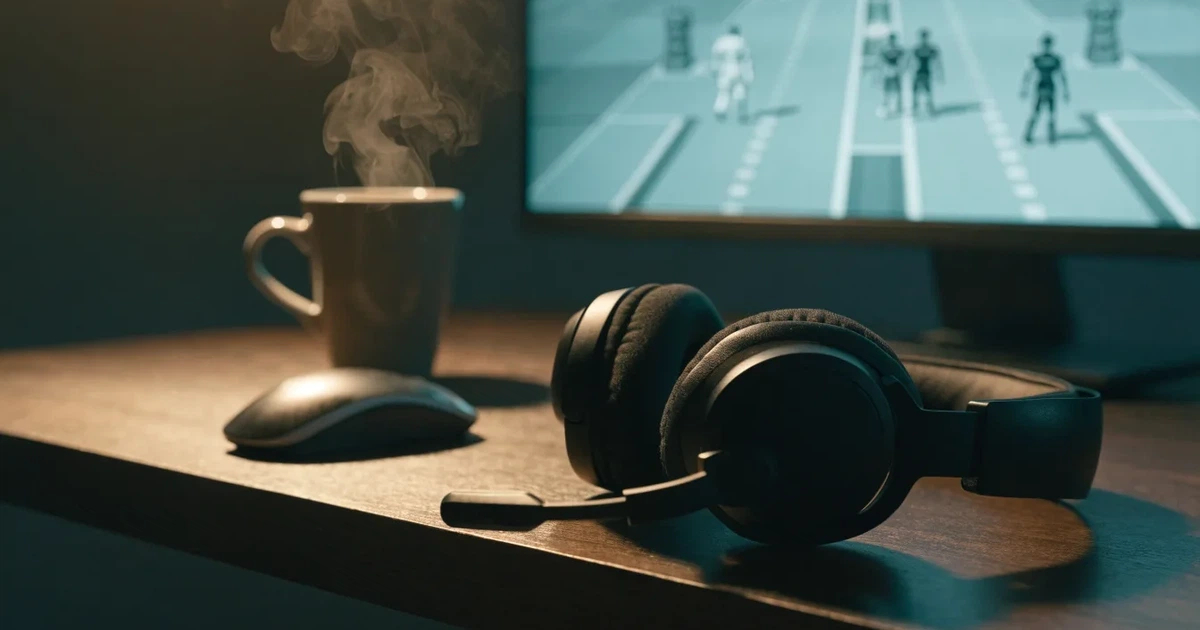Ein Headset und eine Computermaus liegen auf einem dunklen Schreibtisch, daneben ein Becher mit dampfendem Tee.