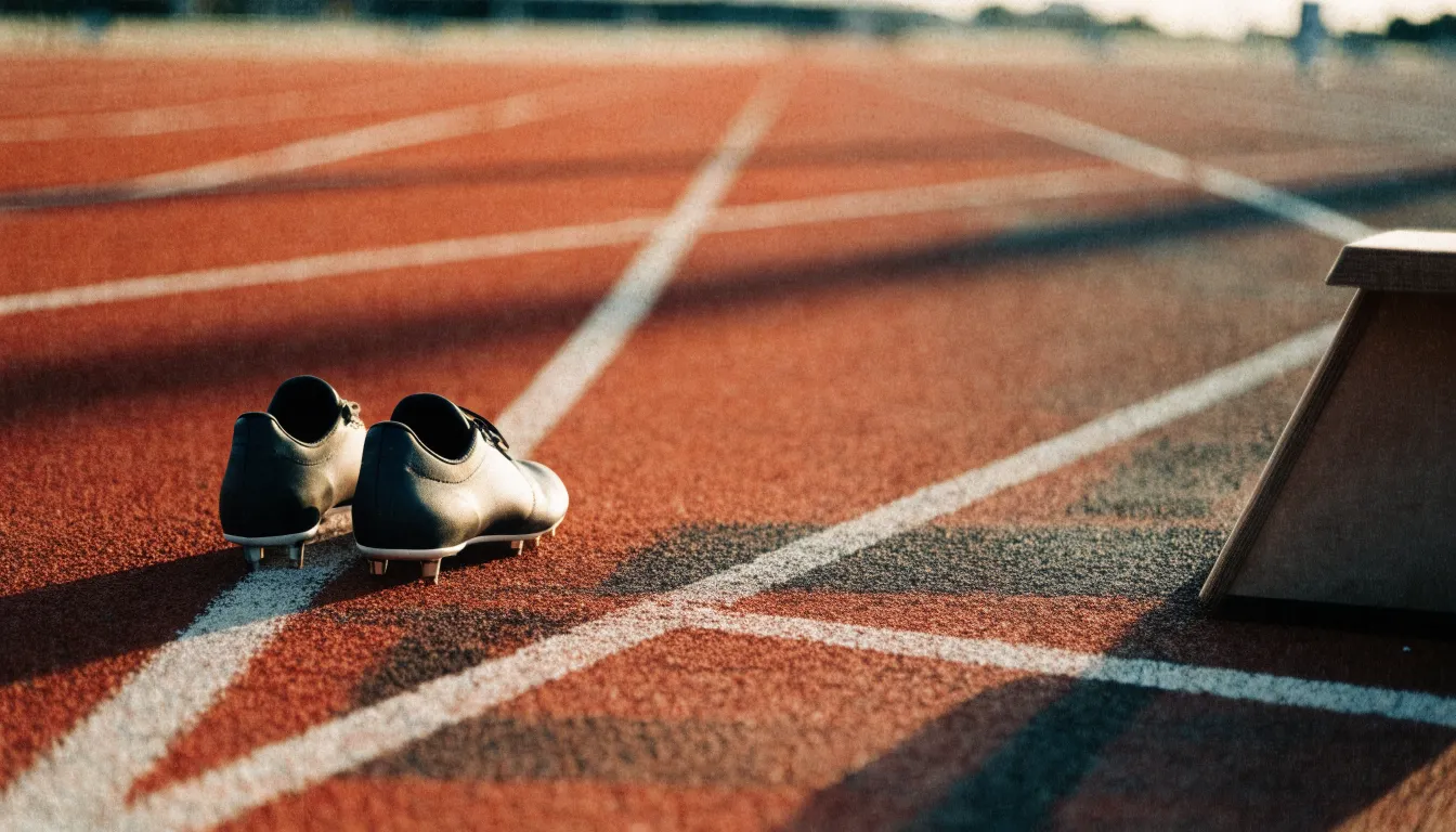 Ein Paar Laufschuhe mit Spikes liegt auf einer Tartanbahn neben einem Startblock, die Linien verlaufen in die Ferne.