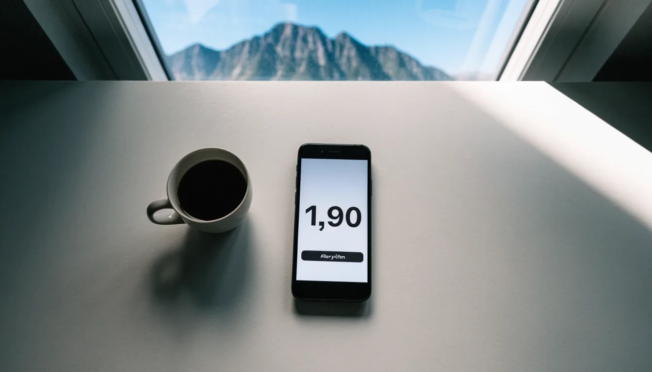 Ein Smartphone mit dunklem Bildschirm liegt auf einem hellen Schreibtisch neben einer Tasse, durch das Fenster dahinter sieht man eine Bergkette.