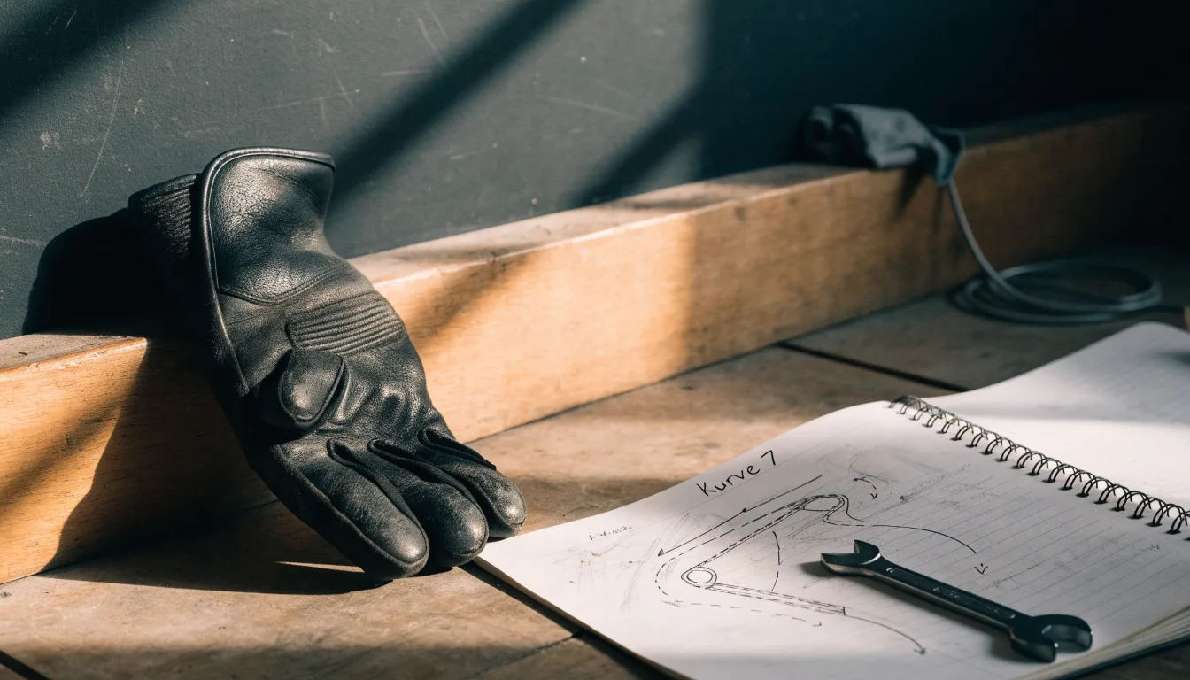 Ein Motorradhandschuh aus Leder liegt auf einer Werkbank neben einem Block mit handgezeichneten Skizzen und einem Schraubenschlüssel.