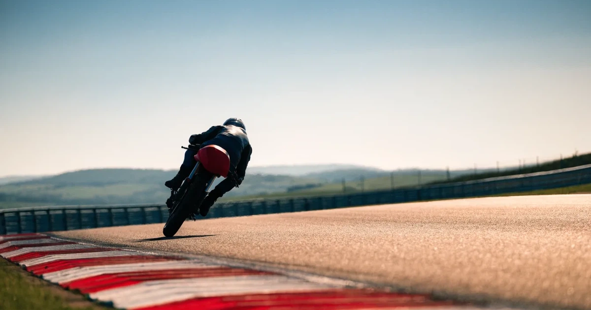 Eine leere Rennstrecke mit rot-weissen Randsteinen im Morgenlicht, im Hintergrund sanfte Hügel und ein einzelner Motorradhelm auf einer niedrigen Mauer.