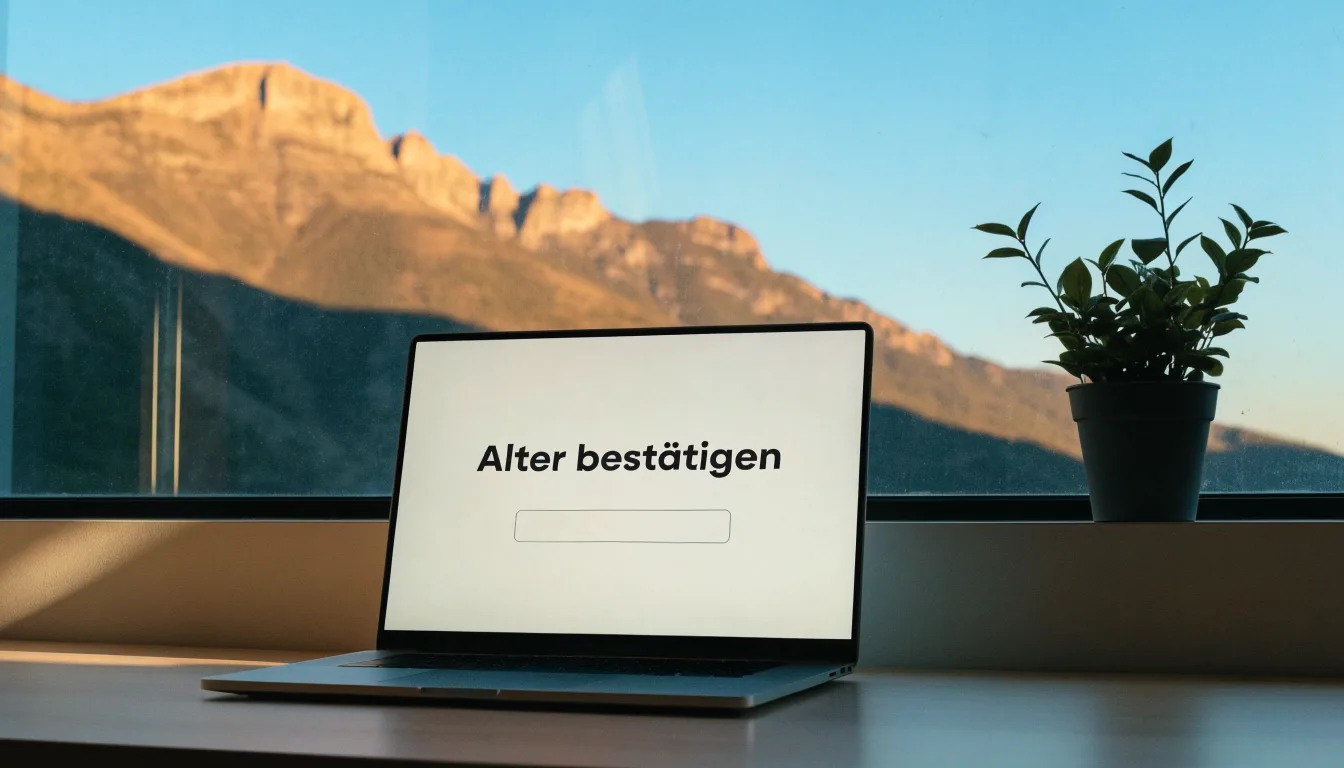 Ein Schreibtisch mit einem geschlossenen Laptop und einer Zimmerpflanze vor einem Fenster mit Blick auf eine Bergkette im Morgenlicht.