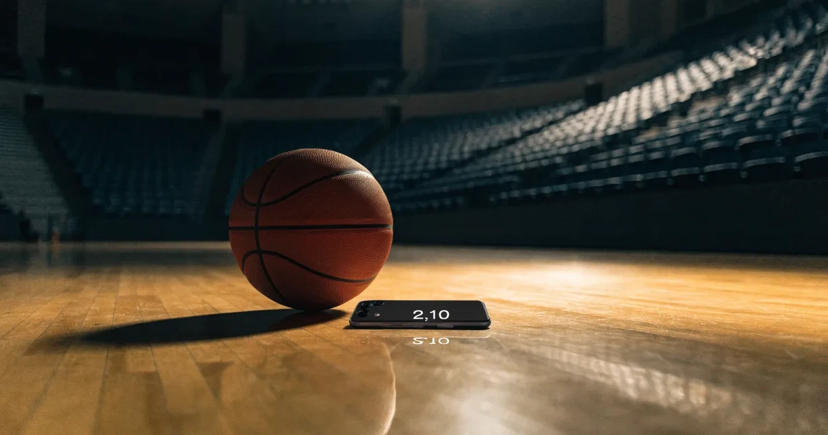 Ein orangefarbener Basketball liegt auf dem Parkett einer leeren Halle unter hellem Flutlicht, die Tribünen sind dunkel.